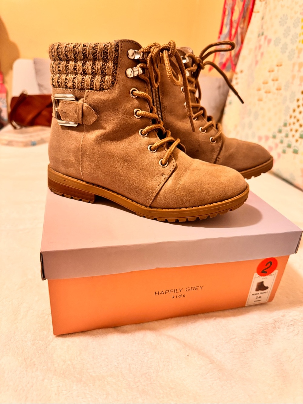 Tan / brown Knit-Collar Lace-Up girls Boots